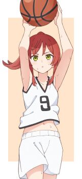 1girl absurdres alternate_costume alternate_hairstyle ball basketball_(object) basketball_uniform blush bocchi_the_rock! border collarbone commentary_request cowboy_shot green_eyes hair_between_eyes highres kita_ikuyo midriff mimori_(mimori_05) navel open_mouth orange_background outside_border ponytail red_hair shorts sidelocks solo sportswear sweat throwing vest white_border white_shorts white_vest
