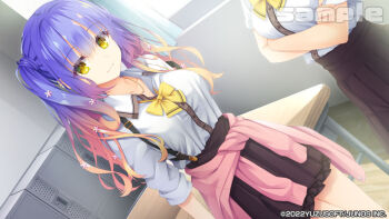 2girls black_skirt bow bowtie classroom closed_mouth clothes_around_waist commentary copyright_notice desk dutch_angle english_commentary gradient_hair green_eyes indoors kohibari_kurumi long_hair looking_at_viewer mizuka_academy_school_uniform multicolored_hair multiple_girls muririn official_art orange_hair pink_sweater purple_hair sample_watermark school_desk school_uniform second-party_source shirt skirt smile solo_focus suspender_skirt suspenders sweater sweater_around_waist tenshi_souzou_re-boot! watermark white_shirt yellow_bow yellow_bowtie