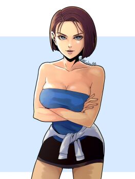 1girl bare_shoulders black_skirt blue_eyes breasts brown_hair cleavage collarbone highres jill_valentine lips looking_at_viewer ma_2 open_mouth resident_evil resident_evil_3:_nemesis short_hair skirt solo