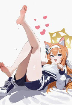 1girl absurdres animal_ear_fluff animal_ears barefoot blue_archive blue_eyes blue_jacket blue_shorts blush cat_ears cat_girl commentary_request dot_nose feet gym_shirt gym_shorts gym_uniform hair_ornament halo heart highres jacket leg_up legs_up long_hair looking_at_viewer looking_to_the_side lying mari_(blue_archive) mari_(track)_(blue_archive) official_alternate_costume official_alternate_hairstyle on_back open_mouth orange_hair paw_pose bad_tag setakman shirt shoes short_shorts shorts shy simple_background smile soles solo sweat teeth thighs toes track_jacket unworn_shoes upper_teeth_only white_background white_shirt yellow_halo