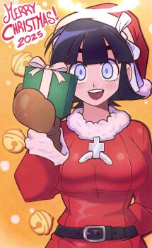 1girl 2025 absurdres alternate_costume azazel_(helltaker) belt black_belt black_hair blue_eyes blush box breasts brown_mittens gift gift_box hat helltaker highres holding holding_gift jeff_miga large_breasts long_sleeves looking_at_viewer merry_christmas mittens open_mouth santa_costume santa_hat short_hair smile solo teeth upper_body upper_teeth_only