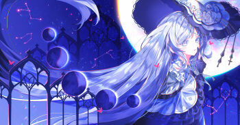 1girl absurdres blue_background blue_eyes blue_hair blue_theme chinese_commentary closed_mouth commentary_request constellation finger_to_mouth frilled_sleeves frills full_moon hand_up highres index_finger_raised long_hair long_sleeves looking_at_viewer mahou_shoujo_no_majo_saiban moon moon_phases shushing smile solo spoilers tsukishiro_yuki very_long_hair weizhishu_vicky