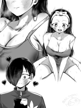 1boy 1girl @_@ ao_tanuki ball blush boku_no_kokoro_no_yabai_yatsu breasts breasts_squeezed_together camisole cellphone cleavage collarbone commentary dated_commentary exercise_ball forehead greyscale hair_over_one_eye hairband heart highres holding holding_phone ichikawa_kyoutarou jacket large_breasts long_hair looking_at_phone mole mole_on_neck monochrome multiple_moles multiple_views open_mouth phone short_hair shorts signature sitting sitting_on_ball smartphone spaghetti_strap steaming_body strap_slip track_jacket yamada_anna