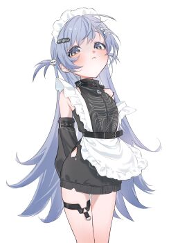 1girl adapted_costume apron belt black_arm_warmers black_belt black_shirt blue_eyes blue_hair bone_hair_ornament chain chain_necklace cowboy_shot flipped_hair hair_ornament hairclip hairpin highres jersey_maid jewelry long_hair looking_at_viewer maid maid_apron maid_headdress mumu_123454321 necklace shirt simple_background skeleton_print sleeveless sleeveless_shirt solo thigh_strap torn_clothes torn_shirt two_side_up unconventional_maid very_long_hair virtual_youtuber vspo! waist_apron white_apron white_background yano_kuromu yano_kuromu_(1st_costume)