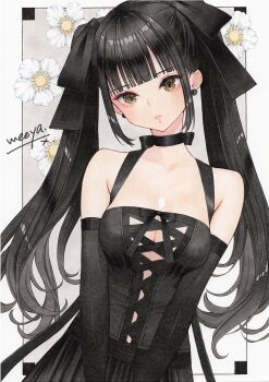 1girl artist_name black_collar black_hair black_ribbon black_shirt black_skirt black_sleeves breasts brown_eyes cleavage collar cowboy_shot cross-laced_clothes cross-laced_top detached_sleeves earrings flower flower_request hair_ribbon hashtag-only_commentary jewelry large_breasts long_hair long_sleeves looking_at_viewer marker_(medium) meeya original outside_border parted_lips pearl_earrings pleated_skirt ribbon shirt skirt solo traditional_media twintails white_background white_flower wispy_bangs