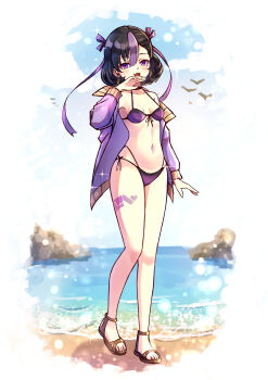 1girl :d absurdres bare_shoulders bikini bird black_hair blush breasts earrings goddess_of_victory:_nikke highres jacket jewelry jimpu6 looking_at_viewer medium_hair mole mole_under_eye multicolored_hair ocean off_shoulder open_mouth purple_bikini purple_eyes purple_hair sandals small_breasts smile solo streaked_hair swimsuit syuen_(nikke) two-tone_hair