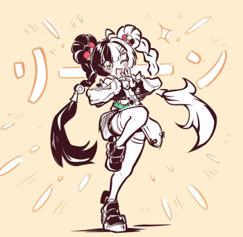 1girl ahoge bare_shoulders black_hair black_shoes blush braid braided_twintails china_dress chinese_clothes commentary_request detached_sleeves dialyn_(zenless_zone_zero) double_bun dress full_body hair_bun hair_extensions hair_ornament leg_up long_hair looking_at_viewer multicolored_hair one_eye_closed open_mouth palm-fist_tap panda_hair_ornament ring_hair_extensions rokkaku_kaku shoes solo sparkle sparkling_eyes split-color_hair standing thighhighs translation_request white_dress white_hair white_thighhighs yellow_background yellow_eyes zenless_zone_zero