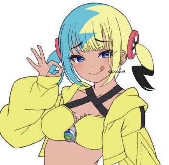 1girl :q aqua_hair bandeau black_hair blonde_hair blue_eyes blush breasts canari_(pokemon) collarbone commentary_request dark-skinned_female dark_skin highres jacket looking_at_viewer medium_breasts multicolored_hair nintendo pokemon pokemon_legends:_z-a popo_(popopuri) solo tongue tongue_out twintails twitter_username upper_body yellow_bandeau yellow_jacket