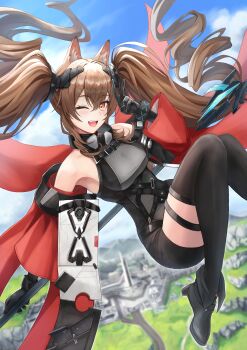 1girl :d absurdres angelina_(arknights) animal_ear_fluff animal_ears arknights arknights:_endfield armpits bare_shoulders belt black_boots black_gloves black_thighhighs blue_sky boots bracelet breasts brown_hair city cloud coat colored_inner_animal_ears commentary day dot_nose dress elbow_gloves floating floating_clothes floating_hair fold-over_boots fox_ears fox_girl gilberta_(arknights) gloves grey_dress hair_between_eyes hair_intakes headpiece high_belt high_collar high_up highres holding holding_staff impossible_clothes impossible_dress infection_monitor_(arknights) jewelry light_blush long_hair long_sleeves looking_at_viewer medium_breasts medium_hair one_eye_closed open_clothes open_coat open_mouth orange_eyes outdoors potemaka red_coat short_dress sky sleeveless sleeveless_dress smile solo staff teeth thigh_strap thighhighs twintails upper_teeth_only v very_long_hair wide_sleeves