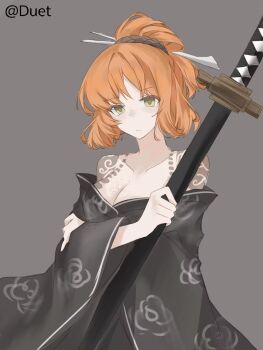 1girl bare_shoulders body_freckles breast_freckles breasts cleavage collarbone crossed_arms expressionless freckles grey_background hair_bun hair_ornament hair_stick highres holding holding_sword holding_weapon ishmael_(project_moon) katana kurokumo_clan_(identity)_(project_moon) large_breasts limbus_company looking_at_viewer maozhizhu-wuxiuzhiyinfu-duet medium_hair off_shoulder orange_hair project_moon simple_background solo sword weapon