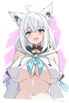 1girl :d adapted_costume ahoge alternate_breast_size_(larger) animal_ear_fluff animal_ears aqua_eyes artist_name bare_shoulders blue_neckerchief blush braid breasts cropped_torso dated detached_sleeves fox_ears highres hololive large_breasts long_hair long_sleeves looking_at_viewer neckerchief open_mouth pink_background revealing_clothes seo_tatsuya shirakami_fubuki side_braid smile solo two-tone_background underboob upper_body virtual_youtuber white_background white_hair