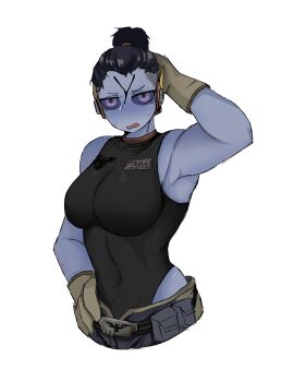 1girl armpits bare_hips bare_shoulders belt belt_buckle blue_skin breasts buckle colored_sclera colored_skin commission covered_navel gloves hair_bun hair_tie hand_on_own_head headphones highres imperial_aquila large_breasts leotard looking_at_viewer odd_onion open_mouth purple_eyes scar simple_background sleeveless solo t'au upper_body warhammer_40k white_background