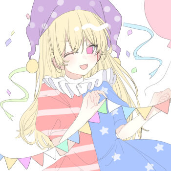1girl :d american_flag_dress balloon blonde_hair blush bunting clownpiece commentary_request confetti dress hat jester_cap long_hair looking_at_viewer neck_ruff one_eye_closed open_mouth polka_dot_headwear puffy_short_sleeves puffy_sleeves purple_eyes purple_hat short_sleeves smile solo star_(symbol) star_print striped_clothes striped_dress touhou unfinished upper_body very_long_hair white_background yurui_tuhu