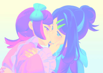 2girls absurdres apron blue_background blue_bow blue_eyes blue_shirt bow commentary_request dot_(pokemon) freckles gradient_background hair_bow hair_bun hair_ornament hairclip hand_on_another&#039;s_face hand_on_another&#039;s_shoulder highres kiss liko_(pokemon) long_hair maid_apron multiple_girls nintendo pink_shirt plus_ta pokemon pokemon_(anime) pokemon_horizons purple_eyes purple_hair shirt yellow_background yuri