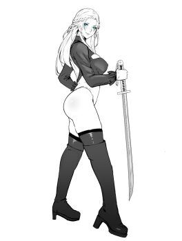 1girl 2b_(nier:automata) 2b_(nier:automata)_(cosplay) ass blue_eyes boots braid breasts commentary cosplay english_commentary final_fantasy final_fantasy_xiv from_side greyscale high_heel_boots high_heels highleg highleg_leotard holding holding_sword holding_weapon jamjamstyle large_breasts leotard long_hair looking_at_viewer monochrome nier:automata nier_(series) no_blindfold revision single_braid smile solo spot_color sword thighhighs thighhighs_under_boots venat_(ff14) weapon white_background