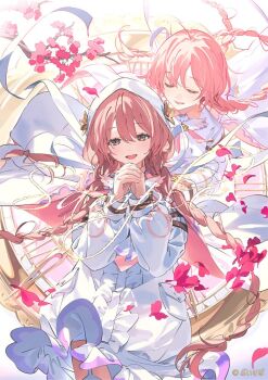 1girl amayui_moka braid dress dsmile grey_eyes hood hood_up long_hair long_sleeves looking_at_viewer open_mouth own_hands_clasped own_hands_together petals pink_hair pink_petals sample_watermark smile twin_braids virtual_youtuber vspo! watermark white_dress white_hood