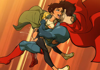 1boy 1girl ass blush cape censored clothed_sex dark_skin dc_comics earrings green_jacket hetero hug jacket jcm2 jewelry lois_lane my_adventures_with_superman red_cape sex short_hair superhero_costume superman superman_(series) suspended_congress tongue tongue_out white_footwear