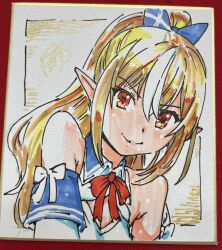Rule 34 | blonde hair, bow, breasts, cleavage, cleavage cutout, clothing cutout, commentary request, detached sleeves, elf, hair between eyes, hair bow, high ponytail, highres, hololive, long hair, marker (medium), multicolored hair, photo (medium), pointy ears, portrait, red eyes, shiranui flare, shiwasu no okina, signature, smile, streaked hair, traditional media, two-tone hair, virtual youtuber, white hair