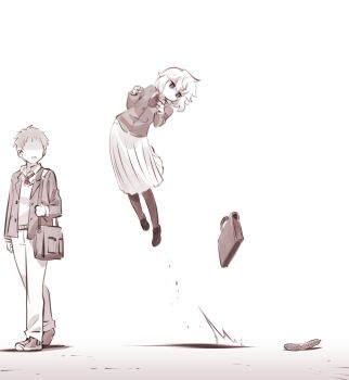Rule 34 | 1boy, 1girl, absurdres, bag, blazer, bow, bowtie, cucumber, expressionless, expressionless kouhai (kato takuji), highres, jacket, jumping, kato takuji, loafers, medium skirt, monochrome, original, pantyhose, school bag, school uniform, sepia, shoes, short hair, skirt
