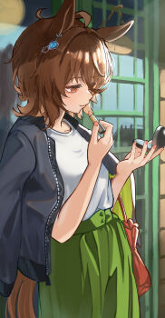 1girl absurdres agnes_tachyon_(umamusume) ahoge animal_ears applying_lipstick applying_makeup applying_own_makeup black_jacket blush brown_hair closed_mouth commentary_request compact_(cosmetics) cosmetics earrings green_pants hair_between_eyes highres holding holding_compact holding_lipstick_tube horse_ears horse_girl horse_tail jacket jacket_on_shoulders jewelry lipstick_tube looking_at_mirror medium_hair mirror mushrooming_man open_clothes open_jacket pants pink_nails red_eyes shirt single_earring smile solo tail umamusume white_shirt