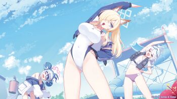 >_< 3girls :o =_= animal_ears arm_up bare_shoulders bikini blonde_hair blue_archive blue_eyes blue_hair blue_sky braid breasts closed_eyes cloud day deadnooodles double_bun english_text exercising flower fox_ears fubuki_(blue_archive) fubuki_(swimsuit)_(blue_archive) goggles groin hair_bun hair_over_one_eye halo hand_on_own_hip highres kanna_(blue_archive) kanna_(swimsuit)_(blue_archive) kirino_(blue_archive) kirino_(swimsuit)_(blue_archive) large_breasts life_vest logo long_hair mouth_hold multiple_girls navel official_art one-piece_swimsuit outdoors purple_bikini sky standing stretching swimsuit thighs tree twitter_username visor_cap water_slide wavy_mouth whistle white_one-piece_swimsuit