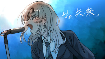 1girl black_jacket black_necktie blue_background collared_shirt earrings girls_band_cry grey_eyes grey_hair highres jacket jewelry kawaragi_momoka long_hair microphone momo_no_suidou-sui multicolored_hair music necktie open_mouth roots_(hair) shirt singing solo striped_necktie sweat translation_request white_shirt