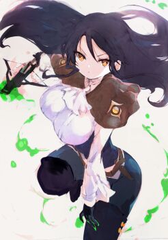 1girl :&lt; ascot belt black_boots black_gloves black_hair boots bow_(weapon) breasts brown_capelet capelet crossbow floating_hair galleria_no_chika_meikyuu_to_majo_no_ryodan gloves half_gloves highres holding holding_crossbow holding_weapon knee_up large_breasts long_hair long_sleeves looking_at_viewer mad_raptor orange_eyes pants shirt solo thigh_boots tsutsugano v-shaped_eyebrows weapon white_ascot white_background white_shirt