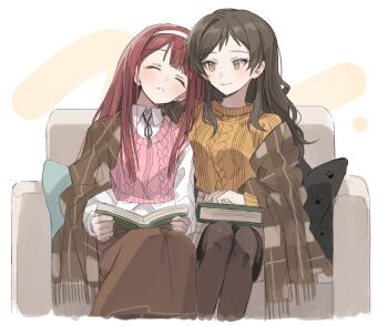 2girls blanket blush book brown_eyes brown_hair brown_pantyhose brown_skirt closed_eyes commentary_request couch hairband hano9789 highres holding holding_book idolmaster idolmaster_million_live! kitazawa_shiho korean_commentary light_smile long_hair long_sleeves looking_at_another multiple_girls on_couch open_book pantyhose parted_lips pink_sweater_vest red_eyes side-by-side sitting skirt sleeping sweater sweater_vest tanaka_kotoha white_hairband yellow_sweater yuri