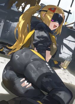1girl absurdres ass black_gloves black_pants blindfold_mask blonde_hair bottle breasts camouflage camouflage_pants commentary_request covered_eyes fingerless_gloves gloves glowing_mask gun gunblade hair_ornament highres holding holding_bottle hood_(james_x) latex_pants long_hair mask pants plastic_bottle ponytail rifle sniper_rifle solo trigger_(zenless_zone_zero) weapon zenless_zone_zero