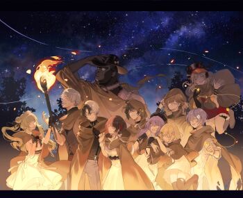 Rule 34 | 5girls, 6+boys, :d, ^ ^, absurdres, ahoge, black choker, black gloves, black hair, black hat, black shirt, black thighhighs, blonde hair, bow, breasts, brown cloak, brown hair, choker, cloak, closed eyes, commentary request, double bun, dress, embers, fingerless gloves, fire, frilled dress, frills, gil (gamer), gloves, gorilla, grey hair, grin, group picture, hair bow, hair bun, hair ornament, hanabusa lisa, hand on headwear, hanging on another, hat, highres, holding, holding star, holding torch, hood, hood up, hooded cloak, indie virtual youtuber, kamito (vtuber), kanae (nijisanji), kanou (ianeko), komori met, kurumi noah, letterboxed, long hair, medium breasts, medium dress, medium hair, multicolored hair, multiple boys, multiple girls, neck ribbon, neo-porte, night, nijisanji, nijisanji kr, nun bora, open mouth, outdoors, pants, pink hair, ponytail, purple hair, real life, red bow, red dress, ribbon, shirayuki reid, shirt, short dress, short hair, single glove, sky, sleeveless, sleeveless dress, small breasts, smile, snowflake hair ornament, split-color hair, star (sky), star (symbol), starry sky, sunglasses, suspenders, tachibana hinano, thighhighs, tonakaito, torch, twintails, veemusic, very long hair, virtual gorilla, virtual youtuber, vspo!, waving, white dress, white hair, white pants, white ribbon, wind