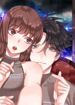 Rule 34 | 1boy, 1girl, blurry, blurry background, brown eyes, brown hair, eyelashes, foreshortening, grey eyes, grey shirt, hair between eyes, han jumin, highres, indoors, open mouth, orange sekaii, protagonist (susanghan messenger), selfie, shirt, sleeveless, sleeveless shirt, susanghan messenger