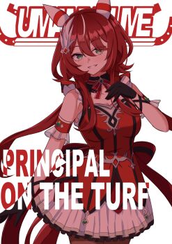 1girl absurdres animal_ears black_gloves blush breasts brown_pantyhose closed_mouth commentary_request dress ear_covers ear_ornament english_text feather_hair_ornament feathers gloves green_eyes hair_between_eyes hair_ornament highres horse_ears horse_girl horse_tail long_hair looking_at_viewer low_twintails medium_breasts minaduki0707 open_mouth pantyhose red_dress red_hair simple_background sleeveless sleeveless_dress smile solo tail twintails umamusume win_variation_(dramatic_tutu)_(umamusume) win_variation_(umamusume)