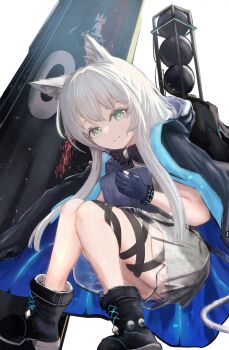 1girl absurdres animal_ear_fluff animal_ears arknights black_boots black_cloak black_gloves blue_cloak boots cat_ears cat_girl cat_tail cloak commentary dress fingerless_gloves full_body gloves green_eyes grey_dress grey_hair highres hood hood_down hooded_cloak infection_monitor_(arknights) long_hair looking_at_viewer ne_ru_7 rhodes_island_logo_(arknights) rosmontis_(arknights) smile solo tail thigh_strap thighs two-sided_cloak two-sided_fabric