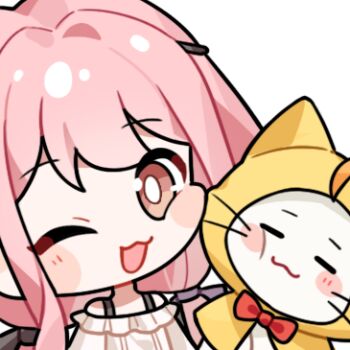 1girl =_= ahoge animal artist_request bare_shoulders black_bow black_ribbon blush_stickers bow bowtie bra_strap bright_pupils brown_eyes cat cheek_squash chibi cloak closed_mouth clothed_animal ear_covers frilled_shirt frills hair_bow hair_ribbon happy hood hood_up hooded_cloak infinity_nikki long_hair long_sidelocks long_sleeves looking_at_viewer low_twintails lowres momo_(nikki) nikki_(nikki) nikki_(series) off-shoulder_shirt off_shoulder official_art one_eye_closed open_mouth perfect_start_(infinity_nikki) pink_hair red_bow red_bowtie ribbon shirt sidelocks simple_background smile tareme traditional_bowtie tress_ribbon twintails upper_body very_long_hair whiskers white_background white_cat white_pupils white_shirt yellow_cloak