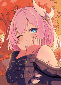 1girl ;3 bare_shoulders black_shirt blue_eyes blush closed_mouth commentary_request cyrene_(aedes_elysiae)_(honkai:_star_rail) cyrene_(honkai:_star_rail) hair_ribbon head_rest highres honkai:_star_rail honkai_(series) long_sleeves looking_at_viewer off_shoulder one_eye_closed outdoors pink_hair ribbon sasanekomaru shirt short_hair smile solo tree upper_body white_ribbon