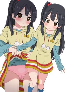 1girl blue_socks blush brown_eyes clothes_lift dateroonyan dress dress_lift hair_bobbles hair_ornament hood hood_down hooded_dress jaggy_lines kitashirakawa_anko layered_sleeves loli long_sleeves multiple_views one_side_up panties pink_panties pom_pom_(clothes) short_over_long_sleeves short_sleeves simple_background socks sweat tamako_market underwear white_background yellow_dress