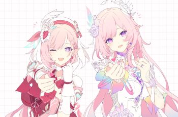 2girls :d beret breasts commentary cyrene_(demiurge)_(honkai:_star_rail) cyrene_(honkai:_star_rail) dress earrings elysia_(hi_love_elf)_(honkai_impact) elysia_(honkai_impact) finger_heart flower frills gloves grid_background hair_flower hair_ornament hat highres honkai:_star_rail honkai_(series) honkai_impact_3rd inoue_marina jewelry ki_ii37 long_hair multiple_girls nail_polish one_eye_closed open_mouth pink_hair pointy_ears purple_eyes rose single_earring smile symbol-only_commentary white_streaks yanning