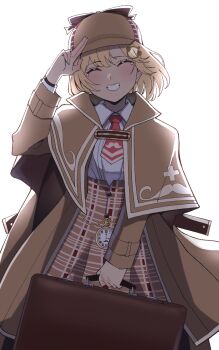 1girl ^_^ blonde_hair briefcase brown_capelet brown_hat brown_skirt capelet ceroccb closed_eyes commentary detective english_commentary eyelashes hat head_tilt high-waist_skirt highres holding holding_briefcase hololive hololive_english medium_hair mustache_print necktie plaid_clothes plaid_skirt print_necktie red_necktie salute simple_background skirt smile solo standing two-finger_salute virtual_youtuber watson_amelia watson_amelia_(1st_costume) white_background