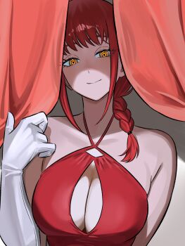 1girl absurdres braid breasts chainsaw_man cleavage closed_mouth curtains dress gloves highres large_breasts long_hair looking_at_viewer makima_(chainsaw_man) orange_eyes red_dress red_hair sidelocks smile solo upper_body white_gloves zeon_(zzeeonn)