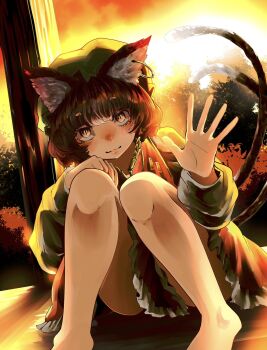 Rule 34 | 1girl, animal ear piercing, animal ears, backlighting, bare legs, barefoot, blunt bangs, blush, brown eyes, brown hair, cat ears, cat tail, chen, closed mouth, commentary request, dress, earrings, feet out of frame, frills, gold trim, green hat, hair between eyes, hands up, hat, highres, jewelry, knees together feet apart, knees up, long sleeves, looking at viewer, mob cap, multiple tails, nekomata, nose blush, orange sky, outdoors, petticoat, puffy long sleeves, puffy sleeves, red dress, sanpaku, short hair, single earring, sitting, sky, slit pupils, smile, solo, tail, touhou, two tails, umaieokakitai, upturned eyes