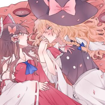 2girls apron ascot black_vest blonde_hair blue_ascot blue_bow blush bow braid brown_eyes brown_hair commentary_request cup detached_sleeves eye_contact frilled_bow frilled_hair_tubes frills hair_bow hair_tubes hakurei_reimu hat hat_bow hitte5416 holding_hands interlocked_fingers kirisame_marisa long_hair looking_at_another lying multiple_girls on_back petals picnic_blanket pink_bow pink_petals red_bow red_skirt ribbon-trimmed_sleeves ribbon_trim sakazuki side_braid single_braid skirt skirt_set touhou vest waist_apron white_apron witch_hat yellow_eyes yuri