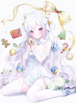 1girl absurdly_long_hair armband blush bow box breasts bustier candy candy_cane chain christmas christmas_ornaments christmas_tree_print cleavage cleavage_cutout clothing_cutout dress earrings flower food footwear_bow gift gift_box gingerbread_cookie gingerbread_man gold_bell gold_bow gold_chain gold_trim hair_bow highres holding holding_paper hoshino_ruru jewelry long_hair looking_at_viewer original paper red_eyes rose shoes sitting solo thighhighs very_long_hair wariza white_background white_bustier white_dress white_flower white_hair white_rose white_shoes zettai_ryouiki