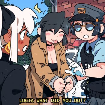 3girls :p ^^^ ^_^ arrest black_choker black_dress black_hair black_necktie black_sweater black_vest blue_shirt blue_sky blush_stickers braid breasts brown_coat choker cleavage closed_eyes closed_mouth coat collared_shirt cuffs dark-skinned_female dark_skin day dress earrings english_text gloves hand_up handcuffs hat highres jewelry large_breasts low_neckline lucia_(scott_malin) mia_(scott_malin) multiple_girls necktie open_clothes open_coat open_mouth original outdoors police police_hat police_uniform policewoman ponytail profile scott_malin shirt single_braid sky smile sunglasses sweater tongue tongue_out trench_coat vest white_gloves white_hair white_mouth yellow-framed_eyewear