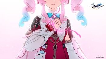 1girl blue_hair copyright_name copyright_notice dress gradient_hair highres honkai:_star_rail honkai_(series) hyacine_(honkai:_star_rail) layered_dress light_smile long_sleeves multicolored_hair official_art pink_hair string string_of_fate twintails