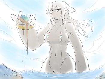 blue_sky bodysuit breasts commentary gen_4_pokemon giant giantess holding kasugai_(de-tteiu) large_breasts legendary_pokemon machia_(kasugai_(de-tteiu)) messy_hair muscular muscular_female nintendo personification pokemon regigigas sky white_bodysuit white_eyes white_hair wide_hips