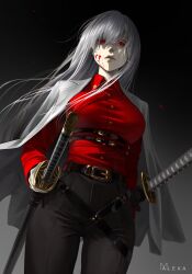 Rule 34 | 1girl, artist logo, belt, black background, black belt, black pants, blood, blood on face, breasts, buttons, collared shirt, commentary, commission, cowboy shot, gradient background, grey background, hair between eyes, hashtag-only commentary, hero killer, highres, holding, holding sword, holding weapon, ihwa (hero killer), jacket, large breasts, long hair, looking at viewer, m alexa, open clothes, open jacket, pants, parted lips, red eyes, red shirt, scabbard, shade, sheath, sheathed, shirt, signature, solo, sword, underbust, weapon, white hair, white jacket