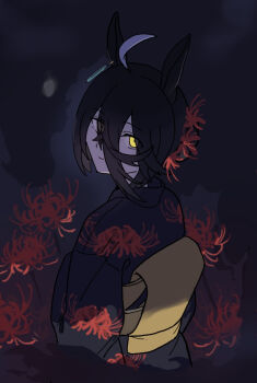 1girl ahoge animal_ears black_background black_kimono closed_mouth commentary_request ear_ornament earrings electric_fan english_text engrish_text floral_print flower hair_between_eyes hair_bun hair_flower hair_ornament horse_ears horse_girl horse_tail japanese_clothes jewelry kimono light_smile long_hair_between_eyes long_sleeves looking_back manhattan_cafe_(umamusume) multicolored_hair obi official_alternate_costume official_alternate_hairstyle okimoto partial_commentary ranguage red_flower sash short_hair single_earring single_hair_bun solo spider_lily tail umamusume white_hair yellow_sash