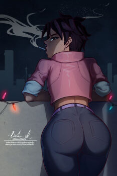 1girl against_railing ass balcony black_pants christmas_lights cigarette cropped_jacket dark-skinned_female dark_skin dispatch doktor_malefic face_piercing from_behind highres huge_ass invisigal_(dispatch) jacket looking_at_viewer looking_back night nose_piercing nose_ring nostril_piercing pants piercing pink_jacket railing short_hair sky smoke smoking solo star_(sky) starry_sky