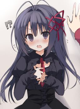 !? 1girl 1other @_@ antenna_hair black_corset black_hair blush center_frills commentary_request corset drop_shadow embarrassed flying_sweatdrops frilled_shirt frilled_shirt_collar frilled_sleeves frills hair_between_eyes hair_intakes hair_ornament hair_ribbon highres juliet_sleeves kabedon long_hair long_sleeves looking_at_viewer necktie ookura_risona open_mouth pov pov_hands puffy_sleeves purple_eyes red_necktie red_ribbon ribbon school_uniform shirt sidelocks simple_background sleeves_past_wrists solo_focus straight_hair surprised sweatdrop takepoison tsuki_ni_yorisou_otome_no_sahou upper_body v-shaped_eyebrows white_background x_hair_ornament