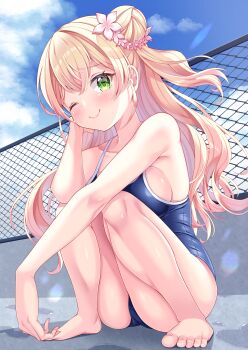 1girl absurdres barefoot blonde_hair blue_one-piece_swimsuit blue_sky blush breasts chain-link_fence closed_mouth cloud cloudy_sky commentary_request competition_school_swimsuit day double_bun esuorder feet fence flower gradient_hair green_eyes hair_between_eyes hair_bun hair_flower hair_ornament highres hololive large_breasts long_hair looking_at_viewer momosuzu_nene multicolored_hair one-piece_swimsuit one_eye_closed outdoors pink_flower pink_hair school_swimsuit sideboob sitting sky smile solo squatting swimsuit toes two_side_up virtual_youtuber wet_floor